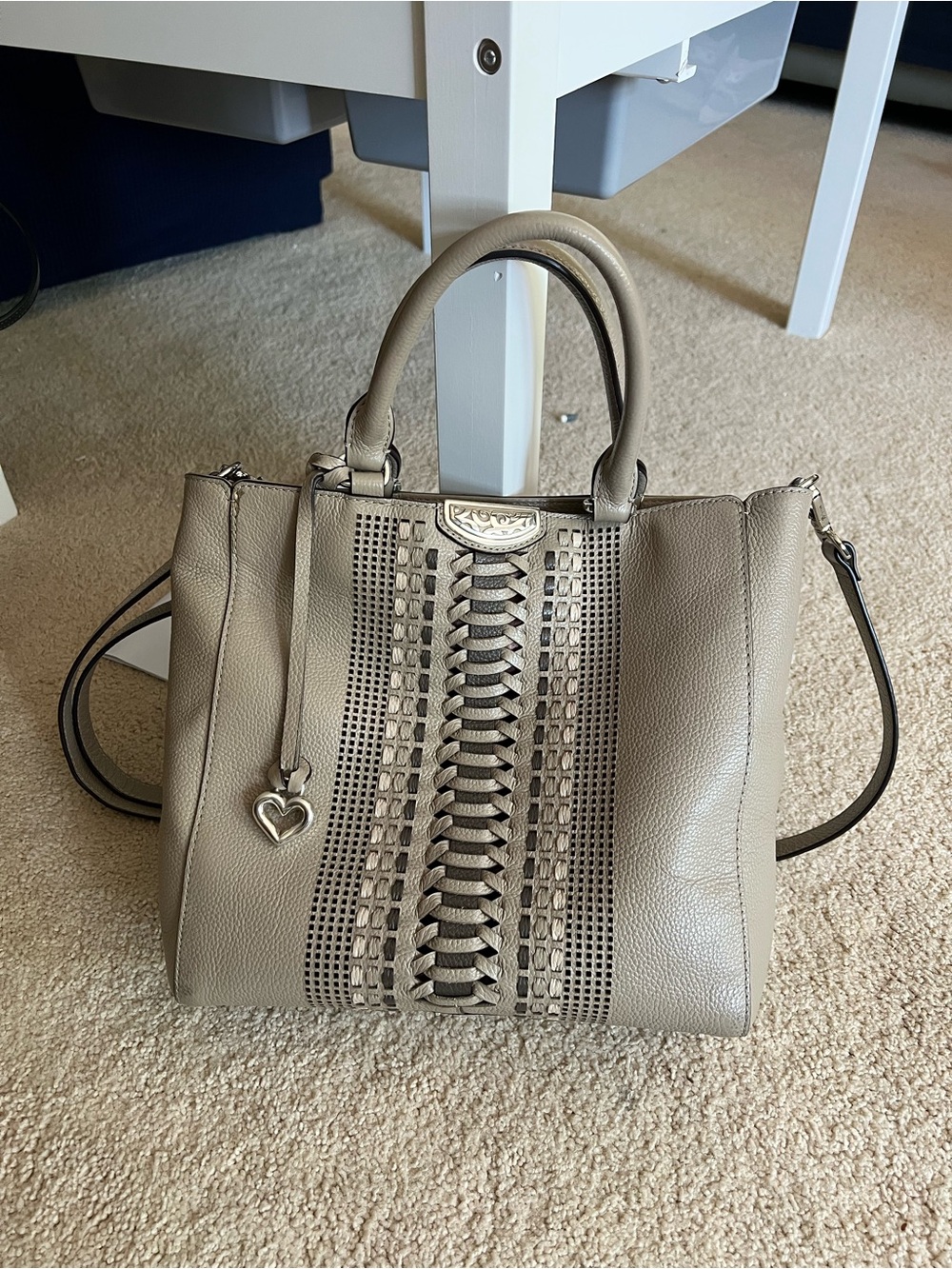 Women's Taupe Leather Tote with Woven Front Detail